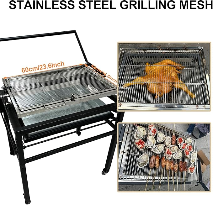 Portable Charcoal BBQ Grill, 360° Rotating Barbecue Grill with Wheels, Stainless Steel Cooking Grid, Adjustable Charcoal Tray, for Camping, Picnic, Patio & Backyard Parties