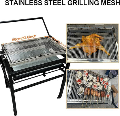 Portable Charcoal BBQ Grill, 360° Rotating Barbecue Grill with Wheels, Stainless Steel Cooking Grid, Adjustable Charcoal Tray, for Camping, Picnic, Patio & Backyard Parties