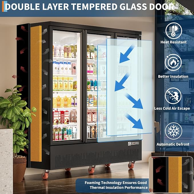 52.9 Cu.Ft Commercial Display Refrigerator,Glass Door Beverage Cooler with Adjustable Shelves,LED Lighting & Advertising Panel, Mobile Design,