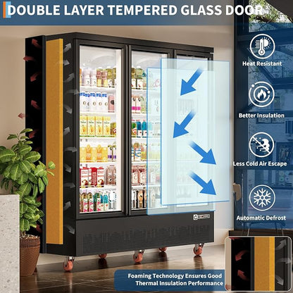 52.9 Cu.Ft Commercial Display Refrigerator,Glass Door Beverage Cooler with Adjustable Shelves,LED Lighting & Advertising Panel, Mobile Design,