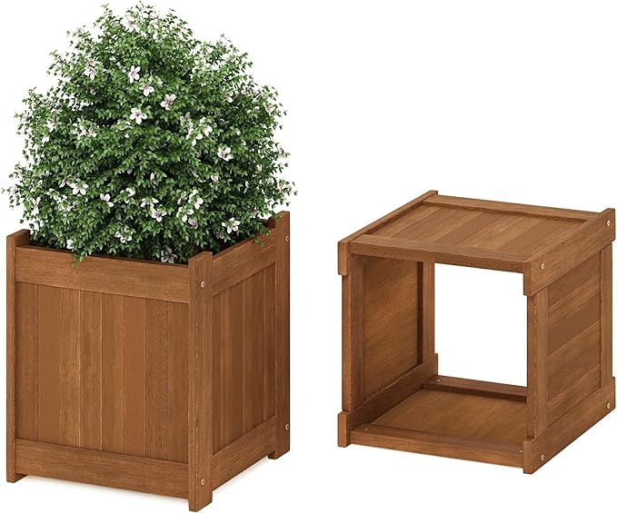 Furinno TIOMAN Planter Box, Hardwood Flower Box, Cube Garden Box, in Teak Oil, Outdoor Indoor, Garden, Patio, Balcony, Light Wood