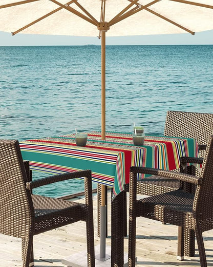 Green Red Striped Outdoor Tablecloth - 54x54 Inch Square Dining Table Cover, Farmhouse Colorful Stripes Waterproof Outdoor Table Cloth with Umbrella Hole & Zipper for Picnic/Patio/Party