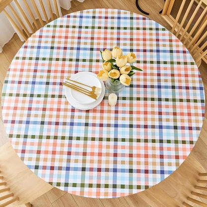 LIBERECOO Round Vinyl Fitted Tablecloth with Flannel Backing Elastic Edge Table Cover Waterproof Stain-Resistant Wipeable Tablecloths Fits 40-44 Inch Round Tables