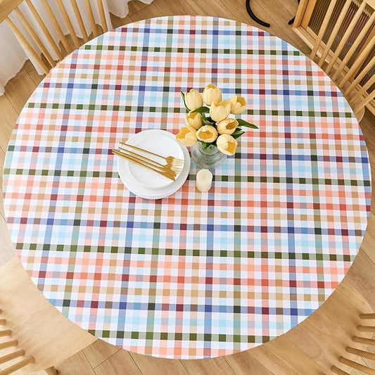 LIBERECOO Round Vinyl Fitted Tablecloth with Flannel Backing Elastic Edge Table Cover Waterproof Stain-Resistant Wipeable Tablecloths Fits 45-56 Inch Round Tables