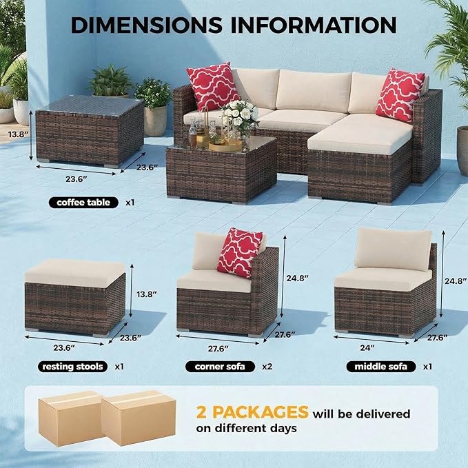 5-Piece L-Shaped Outdoor Patio Furniture Set, PE Wicker Sectional Sofa Set with Cushions and Tempered Glass Table, Steel Frame Conversation Set for Backyard & Poolside – Brown Wicker / Beige Cushions