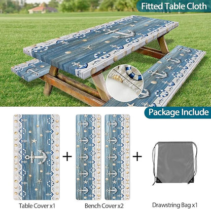 Picnic Table Cover with Bench Covers Elastic Edges, Navy Blue Nautical Anchor Table Cover, Waterproof Windproof Fitted, for Outdoor Camping Patio Garden BBQ, Drawstring Bag, 60 Inch 3PCS
