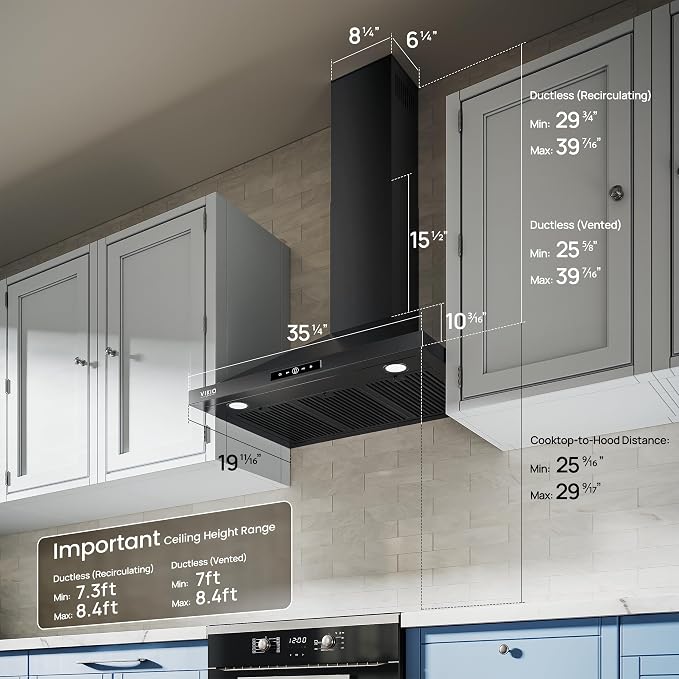 VIKIO HOME 36 Inch Wall Mount Range Hood 580CFM Low Noise Touch Control | Ducted/Ductless Convertible, Stainless Steel Kitchen Vent Hood with 3-Speed Fan and LED Lights, Black