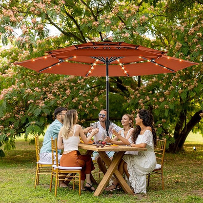 HOMSHADE 9FT 3-Tier Solar Patio Umbrella Heavy Duty,Vented Market Table Umbrella Windproof w/32 LED Lights,UPF50+,5-Year Fade Resistant,8 Thicker Ribs for Pool,Lawn,Garden,Deck (Orange,No Base)