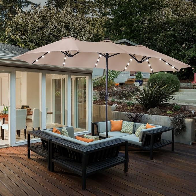 15ft Patio Umbrella with Solar lights & Base, Large Umbrellas, Beige | HERA'S PALACE Rectangle Double Market Umbrella with 36 LED Lights, Big Outdoor Umbrellas for Pool Picnic Inground Yard Deck