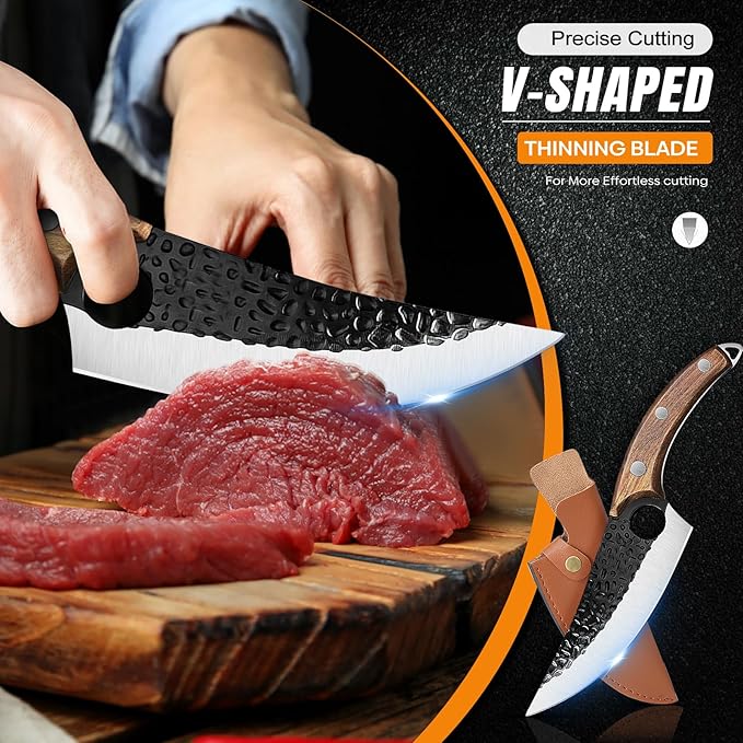 ZENG 7" Chef Knife, Hand Forged Butcher Knives with Sheath, High Carbon Steel Japanese Knife Meat Cleaver Knife for Kitchen Meat Cutting, Viking Style Knives for Camping, Hunting, BBQ, Gifts for Men