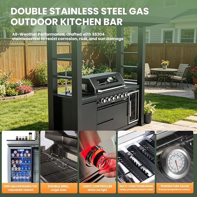 94" Stainless Steel Outdoor Kitchen Island with 6-Burner 85000 BTU,Heavy-Duty Natural Gas Grill with Rotisserie Oven,Galvanized Steel Roof,Granite Countertops,Refrigerator,Sink.(Natural Gas)