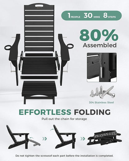 Folding Adirondack Chairs Set of 4,Adirondack Chair with Retractable Ottoman,Plastic Adirondack Chairs with 2 Cup Holder,Weather Resistant Patio Chair,Outdoor Chairs Set of 4(Black)