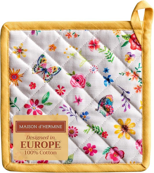 Maison d' Hermine Pot Holders 100% Cotton Heat Resistant Potholders 8" x 8" Hot Pads with Loop BBQ Baking Hotel Farmhouse Kitchen Handling Hot Pans Spring Summer (Pack of 1, Happy Florals - Sweety)