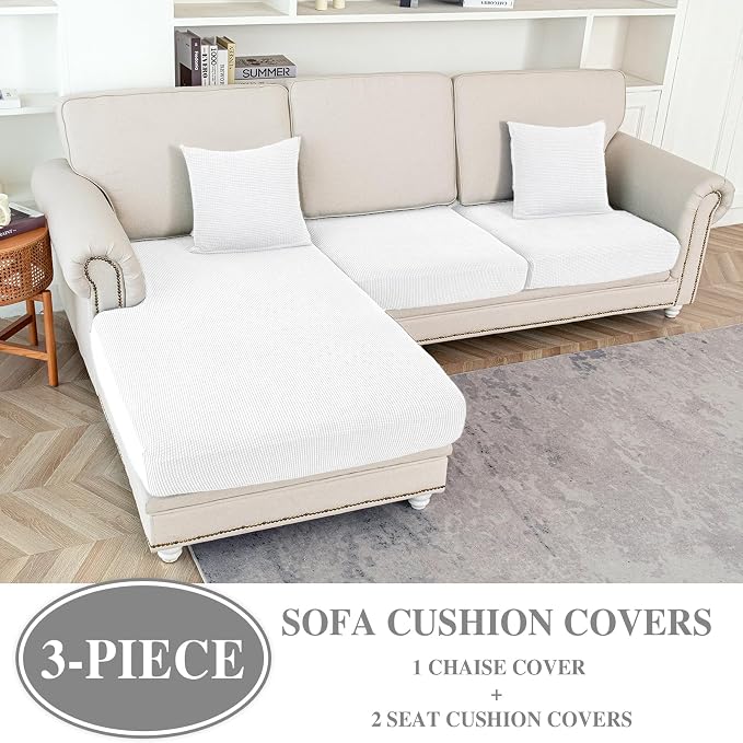 LA MEACK Couch Cushion Covers for Sectional Sofa L Shape Washable Separate Seat Chaise Couch Cover Stretch Sofa Slipcovers with 2 Pcs Pillowcases(2 Seater + 1 Chaise, White)