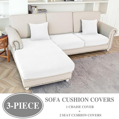 LA MEACK Couch Cushion Covers for Sectional Sofa L Shape Washable Separate Seat Chaise Couch Cover Stretch Sofa Slipcovers with 2 Pcs Pillowcases(2 Seater + 1 Chaise, White)