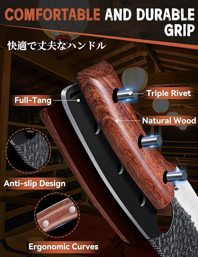 Huusk Viking Knife Set of 2, Japanese Butcher Knife Set for Meat Cutting, Hand Forged Boning Knives with Wood Handle, High Carbon Steel Japanese Knives for Camping, BBQ, Gift Idea for Men Women