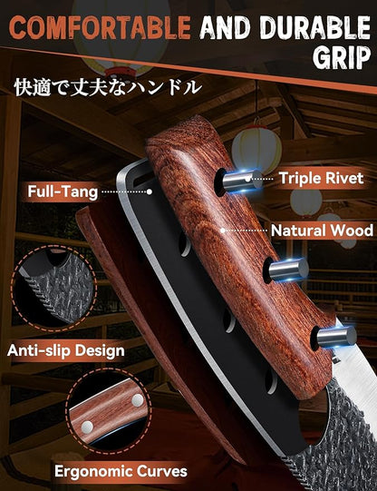Huusk Viking Knife Set of 2, Japanese Butcher Knife Set for Meat Cutting, Hand Forged Boning Knives with Wood Handle, High Carbon Steel Japanese Knives for Camping, BBQ, Gift Idea for Men Women