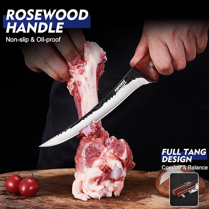 Topfeel Butcher Knife Set 5PCS, Hand Forged Kitchen Knives Set Serbian Chef Knife Set, Meat Cleaver Boning Carving Knives Set for Home、Camping、BBQ