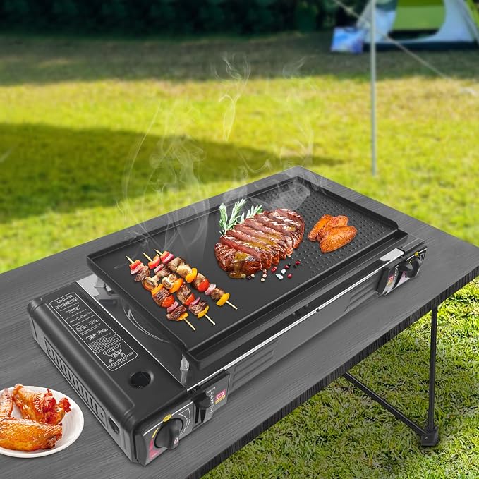 2-Burner Butane Stove, Portable Camping Stove with Grill Tray, Automatic Ignition, Outdoor Travel Camp Stove with Carry Case & Push-Button for Camping Tailgating (With Grill Tray-B)