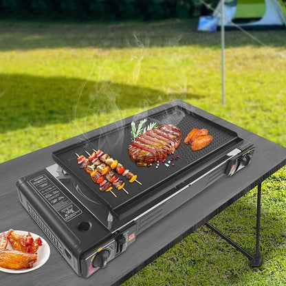 2-Burner Butane Stove, Portable Camping Stove with Grill Tray, Automatic Ignition, Outdoor Travel Camp Stove with Carry Case & Push-Button for Camping Tailgating (With Grill Tray-B)