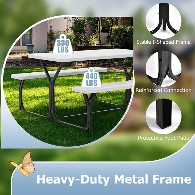 GYMAX Picnic Table, Picnic Bench Easy to Assemble w/All Weather Wood Grain Tabletop & Metal Frame, Picnic Tables for Outdoors Camping Backyard Deck Patio Poolside Dining Party