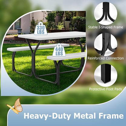GYMAX Picnic Table, Picnic Bench Easy to Assemble w/All Weather Wood Grain Tabletop & Metal Frame, Picnic Tables for Outdoors Camping Backyard Deck Patio Poolside Dining Party
