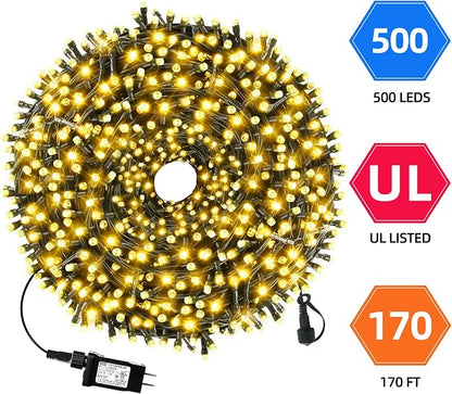 MZD8391 170FT 500 LED Christmas Lights Outdoor Indoor, Christmas Tree Light | Warm White, 100% UL Listed, Waterproof, 8 Light Modes, Timer & Memory, End To End Connect, Christmas String Light Decoration