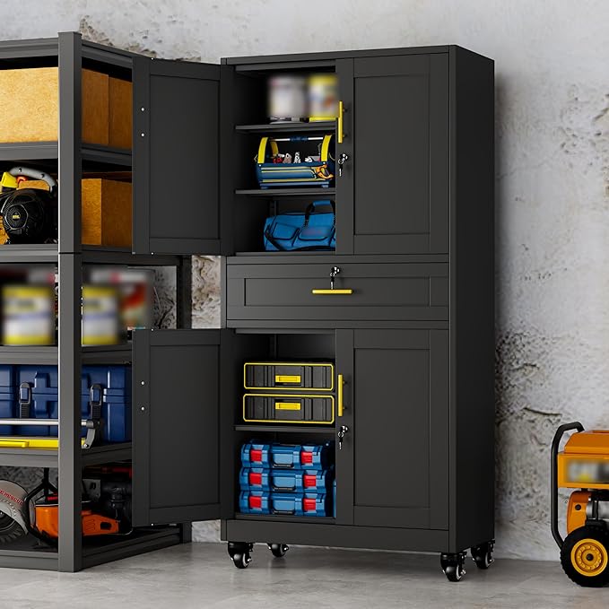 Ckzbx Metal Garage Storage Cabinet with Locking Drawers and Adjustable Shelves,71" H Steel File Cabinet with Wheels for Garage,Office (Black)