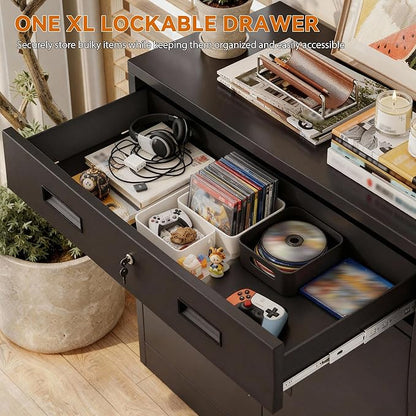 BESFUR Metal Storage Cabinet, Garage Storage Cabinet with One Drawer and Adjustable Shelf, Locking Short Storage Cabinet for Office Garage Home, Black Metal Cabinets(36" H x 27.5" W x 16" D)