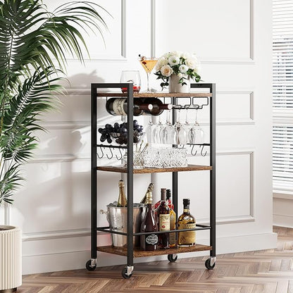 TUTOTAK Bar Cart with Wheels, Mini Drink Cart with Wine Rack & Glass Holder | 3-Tier 17 Inch Wide Home Bar Serving Carts, Small Mobile Kitchen Shelf with 6 Hooks, Rustic Brown BC01BB035
