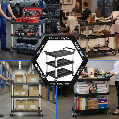 Plastic Utility Carts with Wheels, 3-Tier Rolling Cart, Restaurant Cart | 300 lbs Heavy Duty Capacity with 4 inch Silent Casters(2 Lockable), for Home, Office, Restaurant, Warehouse.31.5"× 16" × 38"
