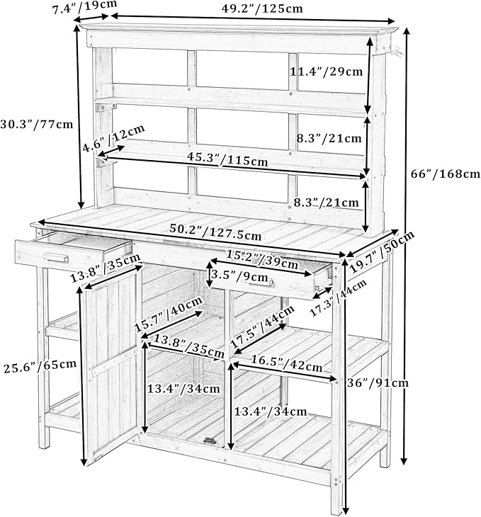 Merax 66" Large Outdoor Farmhouse Wooden Potting Bench Table, Garden Workstation with 2 Drawers, Cabinet, and Open Shelves for Backyard, Mudroom, Grey