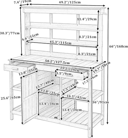 Merax 66" Large Outdoor Farmhouse Wooden Potting Bench Table, Garden Workstation with 2 Drawers, Cabinet, and Open Shelves for Backyard, Mudroom, Grey