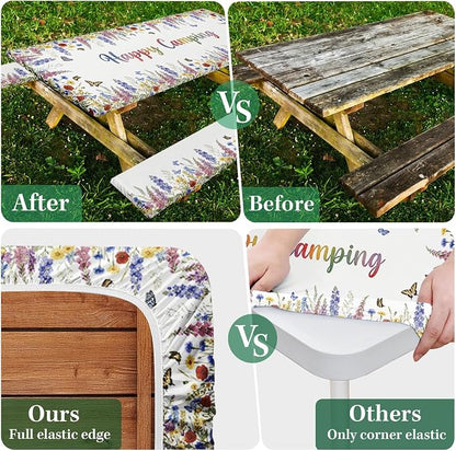 Picnic Table Cover with Bench Covers, Butterfly Camper, 72 Inch | 3PCS Waterproof Fitted Tablecloth with Elastic Edges Outdoor Camping Essentials Drawstring Bag