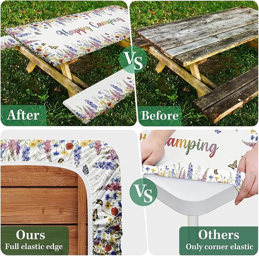 Picnic Table Cover with Bench Covers, Butterfly Camper, 72 Inch | 3PCS Waterproof Fitted Tablecloth with Elastic Edges Outdoor Camping Essentials Drawstring Bag