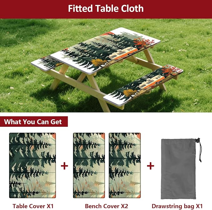 6ft 72in Picnic Table and Bench Cover, 3 Pack, RV Serenity | Drawstring Bag, Waterproof Windproof, Elastic Fitted Edges Tablecloth, for Rectangle Table & Seat, Camping Essentials RV Gear