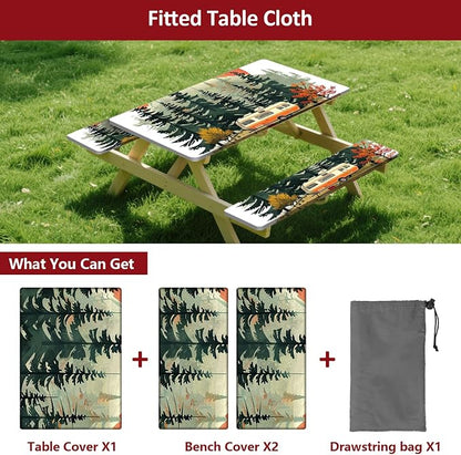 6ft 72in Picnic Table and Bench Cover, 3 Pack, RV Serenity | Drawstring Bag, Waterproof Windproof, Elastic Fitted Edges Tablecloth, for Rectangle Table & Seat, Camping Essentials RV Gear