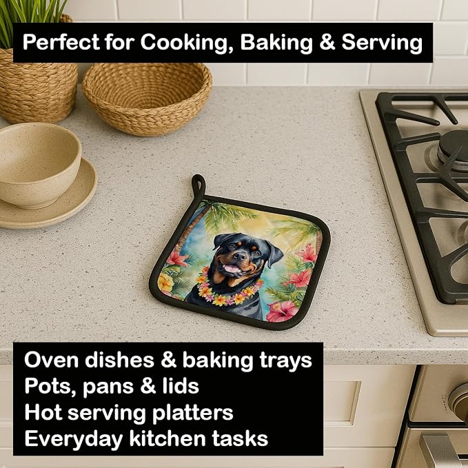 Caroline's Treasures Rottweiler Luau Pair of Pot Holders Kitchen Heat Resistant Pot Holders Sets Oven Hot Pads for Cooking Baking BBQ, 7 1/2 x 7 1/2