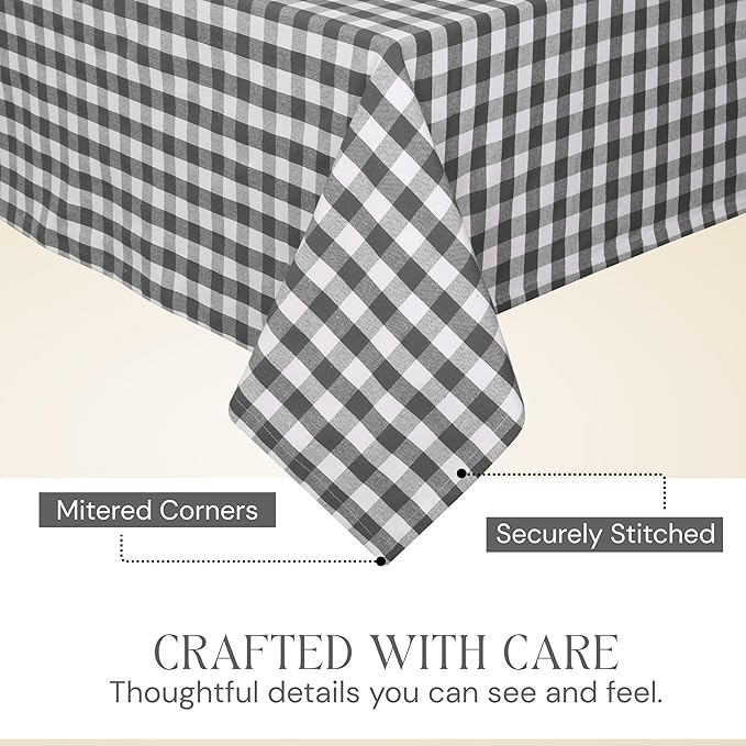 Gingham Buffalo Check 60"x84" Tablecloth 100% Cotton Washable Rustic Rectangle Table Cover Decorative for Gifts, Dining, BBQ, Buffet Parties & Camping - Grey