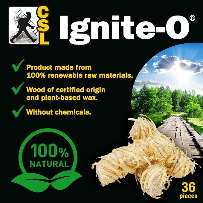 Ignite-O Fire Starter Natural Wood Rolls - 36 Pieces - Made in Germany - Sustainably Grown Wood - Non-Toxic Firestarter for Fireplaces, Woodstoves, Campfires & Grills - Quick & Easy