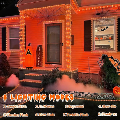 YEGUO Solar Halloween Lights Outdoor Waterproof, 66ft 200 LED Orange Solar Rope Lights, 8 Modes Fairy Lights in Clear Thin Tube