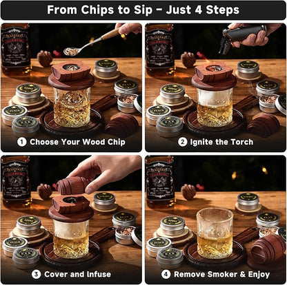 ComboJoy 12 Flavor Cocktail Smoker Wood Chips Gift Set for Men - Cinnamon, Cloves, Orange Peel, Cardamom, Rose, Ginger, Pear, Peach, Cherry, Apple, Oak, Walnut for Whiskey/Bourbon/Drinks Smoke Gun