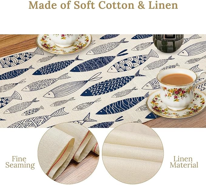 Under Sea World Table Runner, Summer Navy Blue Fish Table Runner Beach Starfish Coral Vintage Dining Tablerunner for Coffee Table/Kitchen Island/Party Decor, 13" x 90"