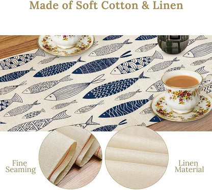 Under Sea World Table Runner, Summer Navy Blue Fish Table Runner Beach Starfish Coral Vintage Dining Tablerunner for Coffee Table/Kitchen Island/Party Decor, 13" x 36"