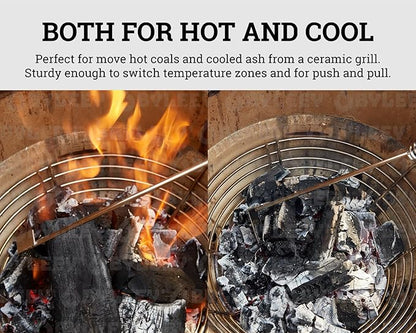 18" Charcoal Grill Rake Parts, BBQ Ash Tool Poker for Smoker. Cleaning Out and Moving Coals - Ash Shovel Tongs for Fireplace, Pizza Oven, and Wood Stove. Great BGE, Classic Joe Accessories, Stainless