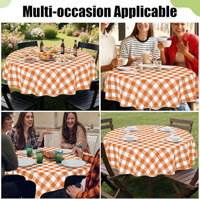 Smiry Picnic Table Cloth, Vinyl Tablecloths with Flannel Backing, 60" Round | Waterproof Picnic Table Cloth, Wipeable Buffalo Plaid Table Cover for Indoor and Outdoor (Orange & White)