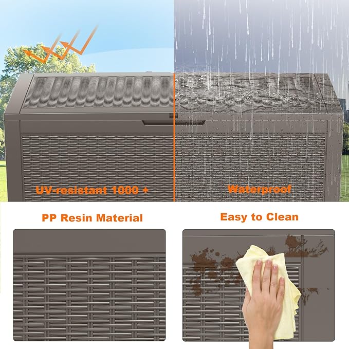 PatioZen 120 Gallon Deck Box Outdoor, Weatherproof Resin Patio Storage Box, Waterproof Outdoor Storage Boxes with Lid Lockable for Cushions, Garden Tools,Grey