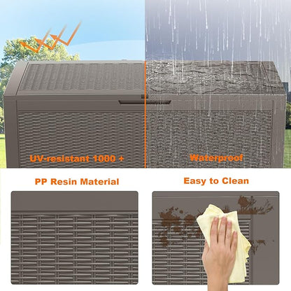 PatioZen 120 Gallon Deck Box Outdoor, Weatherproof Resin Patio Storage Box, Waterproof Outdoor Storage Boxes with Lid Lockable for Cushions, Garden Tools,Grey