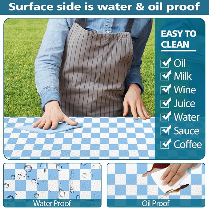 Picnic Table Cover with Bench Covers and Bag, Blue and White Checkered Gingham Buffalo Plaid Camping Tablecloth Waterproof Windproof Elastic Edges Fitted Tablecloths for Outdoor Garden 3PCS 30x60 Inch