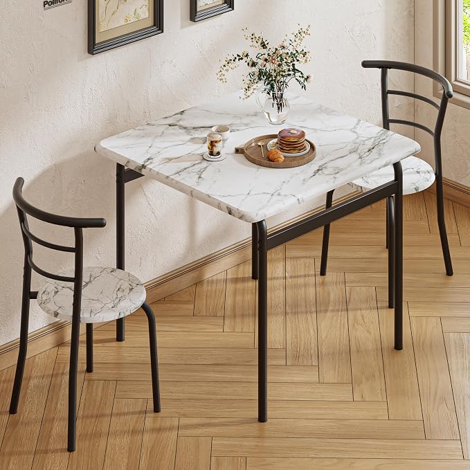 VECELO 3-Piece Dining Table Set for Kitchen Breakfast Nook, Faux Marble Square Tabletop and Metal Frame, for Small Spaces, White & Black